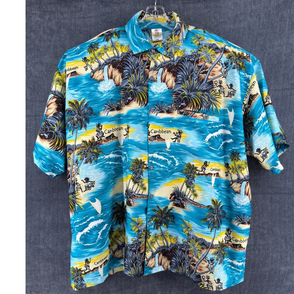 Rima Caribbean Button Down Men 2XL Blue Synthetic Tropical Scenic Short Sleeve